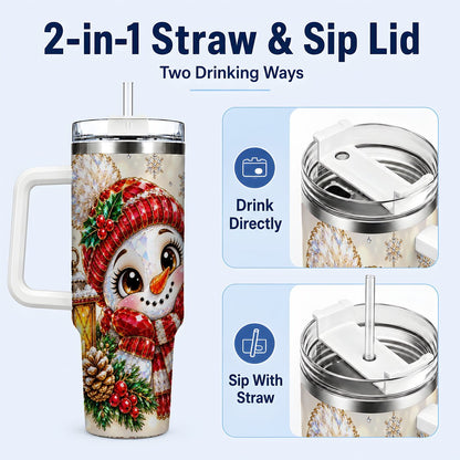 #pl[40oz|White] Crystal Snowman 40oz Tumbler with Handle, Festive Lantern Art