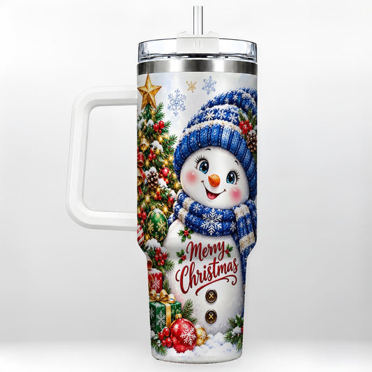 Blue Hat Snowman 40oz Tumbler with Handle, Christmas Tree Art
