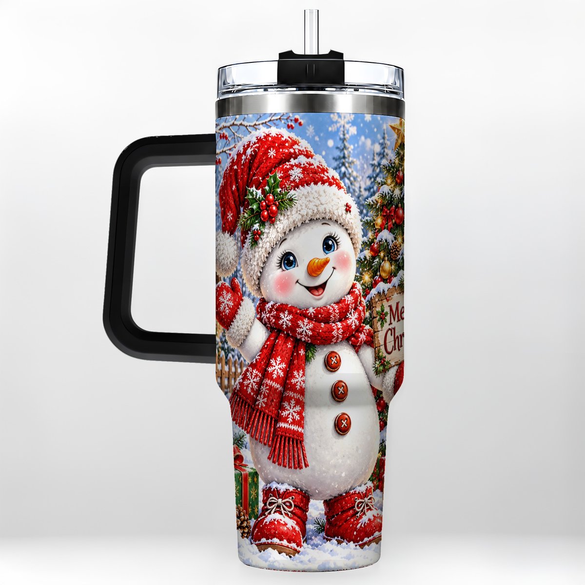 #pl[40oz|Black] Christmas Village Snowman 40oz Tumbler with Handle, Winter Scene