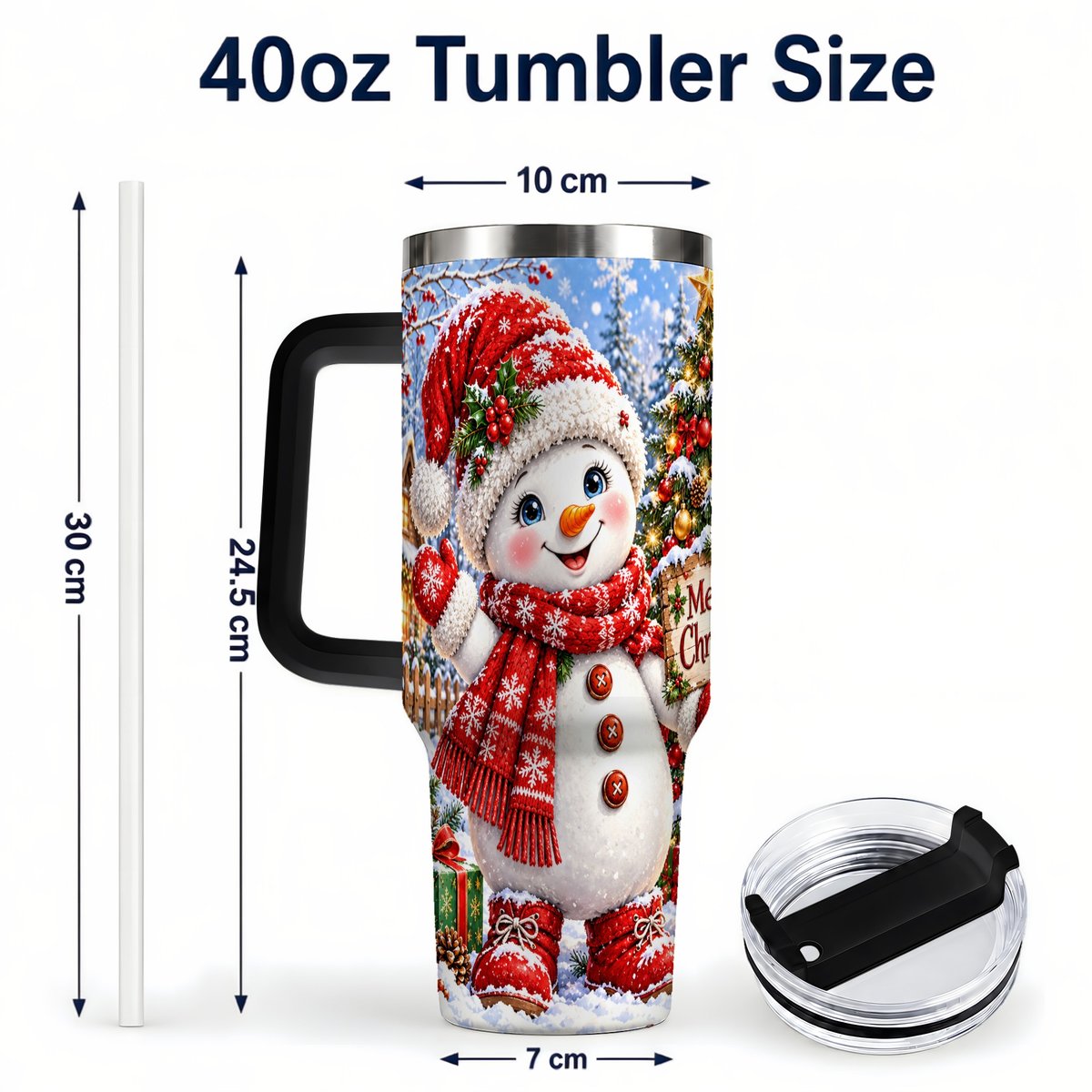 #pl[40oz|Black] Christmas Village Snowman 40oz Tumbler with Handle, Winter Scene