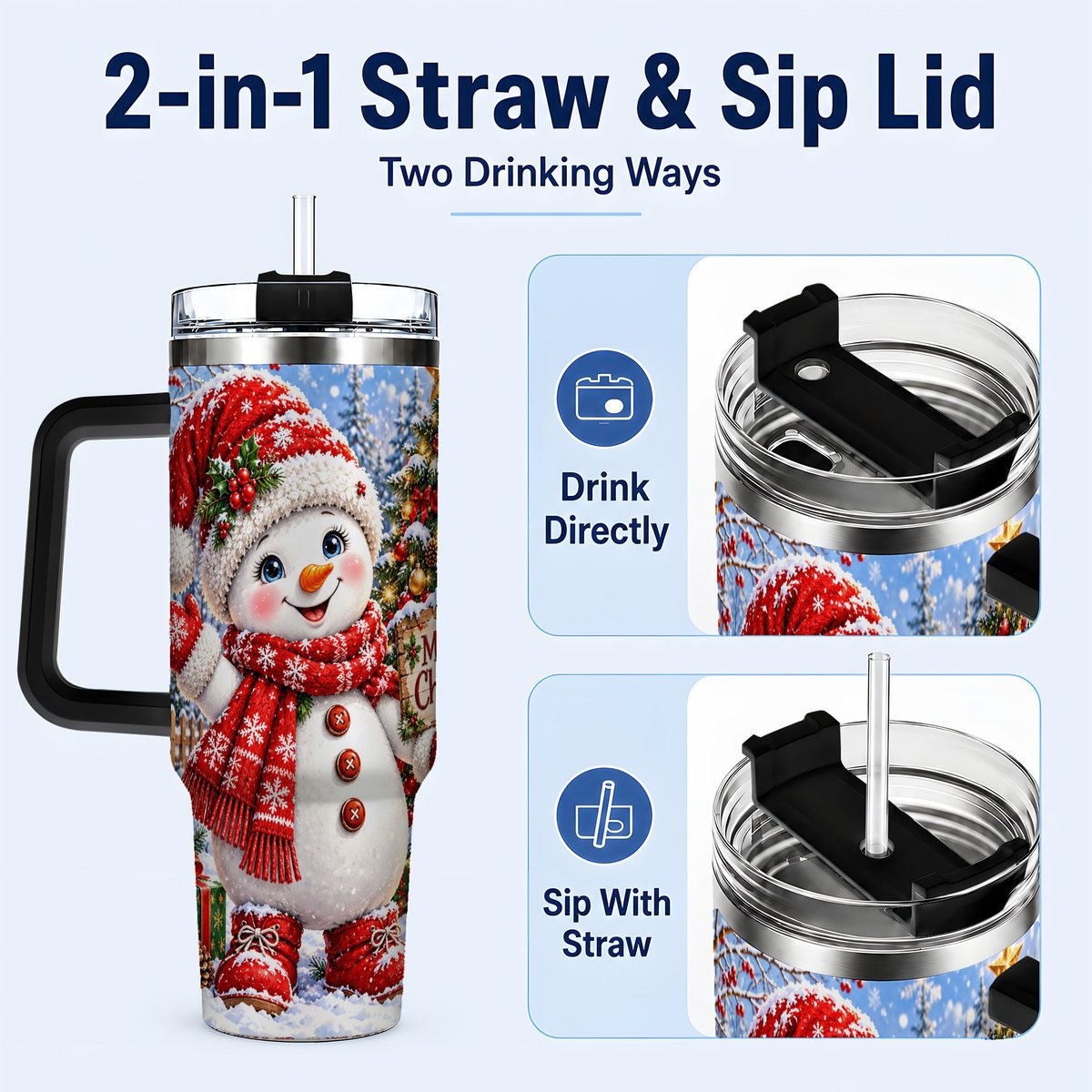 #pl[40oz|Black] Christmas Village Snowman 40oz Tumbler with Handle, Winter Scene
