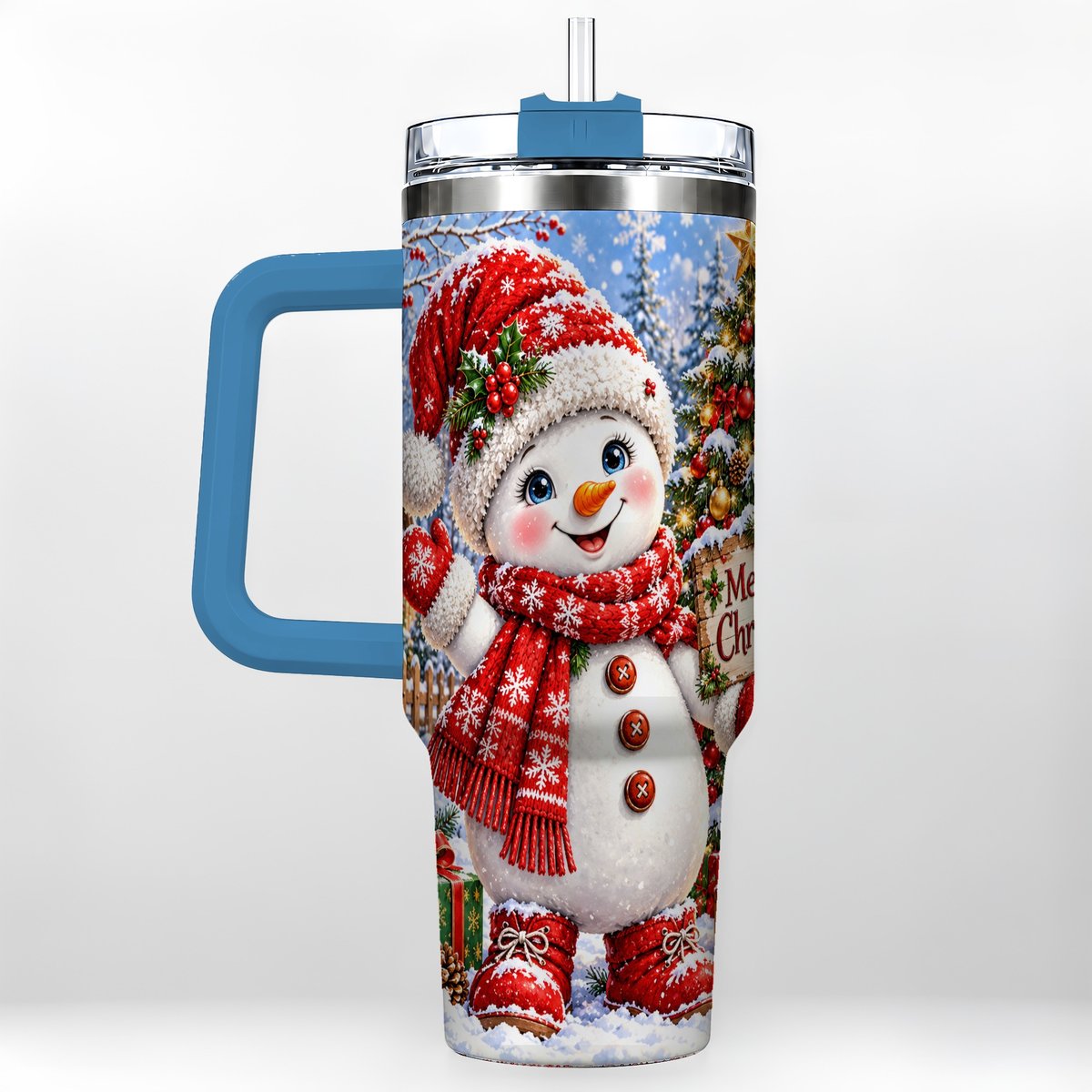 #pl[40oz|Blue] Christmas Village Snowman 40oz Tumbler with Handle, Winter Scene