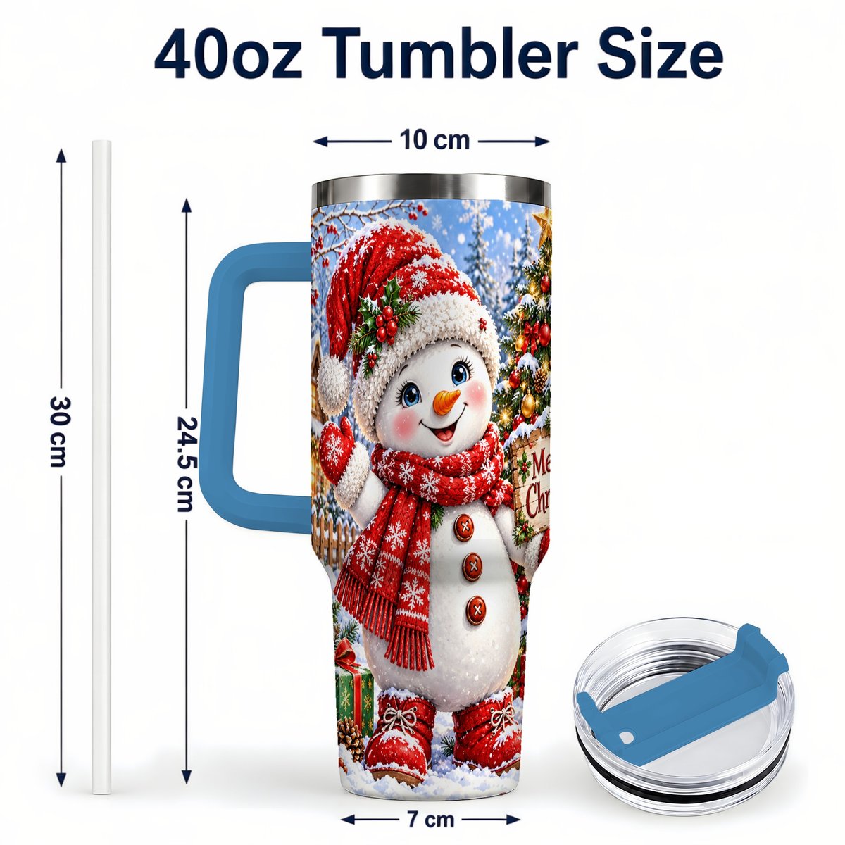 #pl[40oz|Blue] Christmas Village Snowman 40oz Tumbler with Handle, Winter Scene