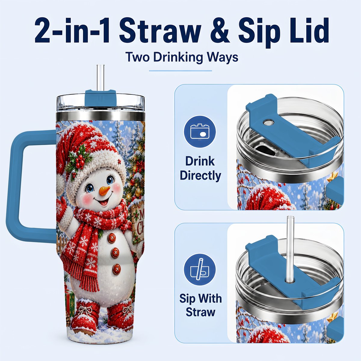 #pl[40oz|Blue] Christmas Village Snowman 40oz Tumbler with Handle, Winter Scene