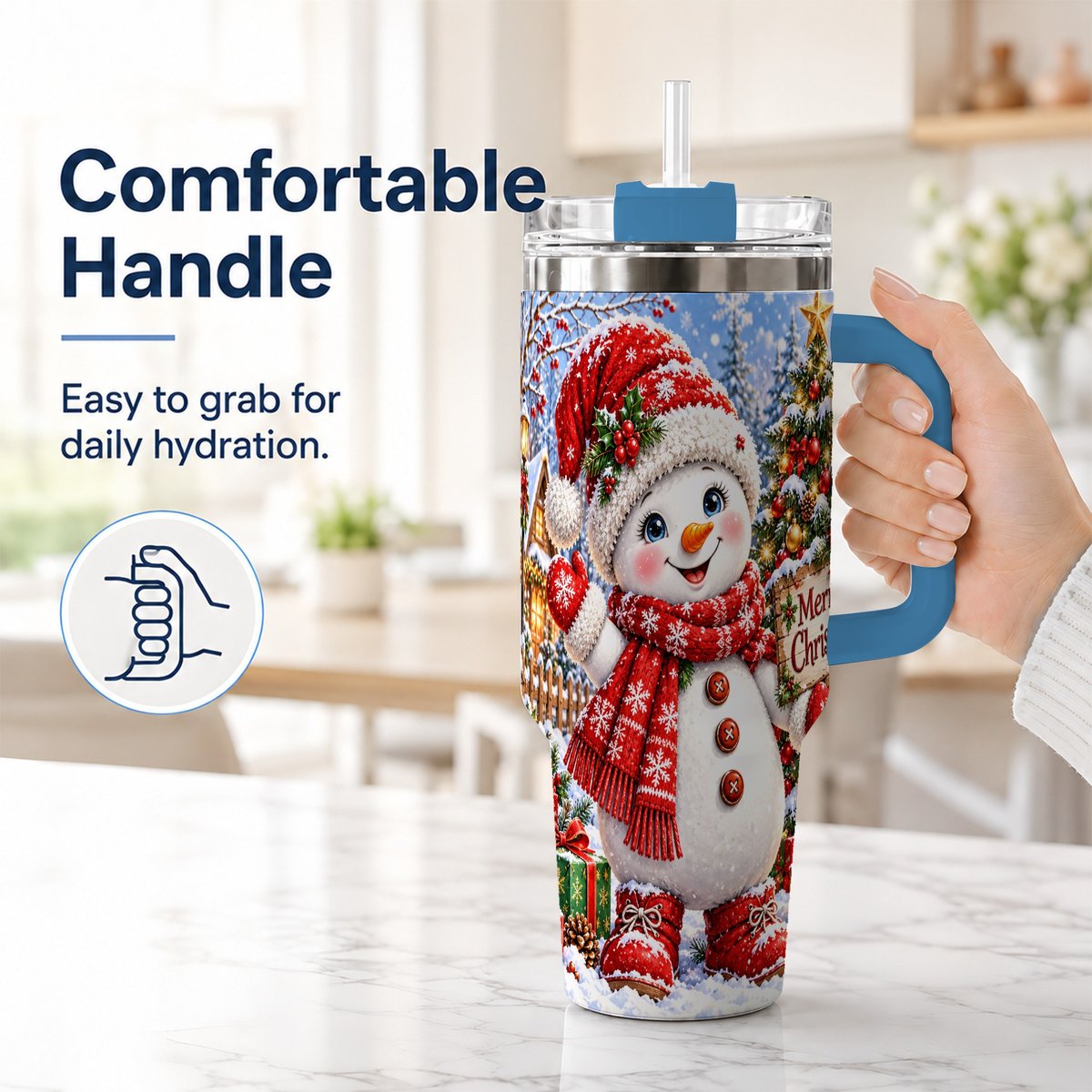 #pl[40oz|Blue] Christmas Village Snowman 40oz Tumbler with Handle, Winter Scene
