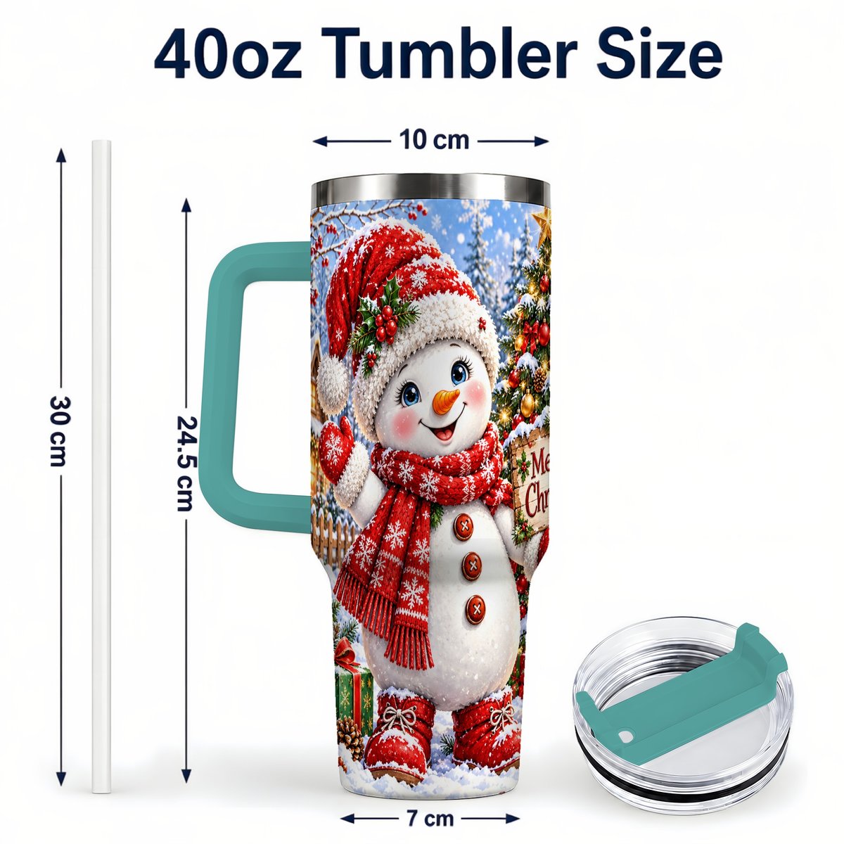 #pl[40oz|Green] Christmas Village Snowman 40oz Tumbler with Handle, Winter Scene