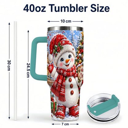 #pl[40oz|Green] Christmas Village Snowman 40oz Tumbler with Handle, Winter Scene