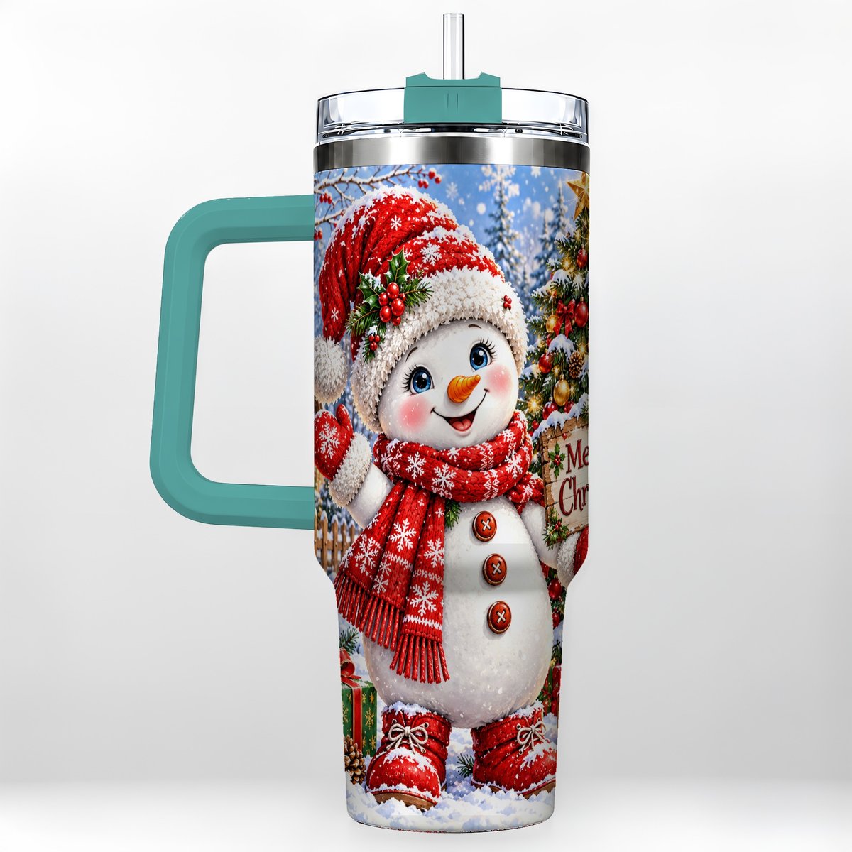 #pl[40oz|Green] Christmas Village Snowman 40oz Tumbler with Handle, Winter Scene