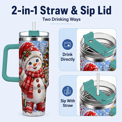 #pl[40oz|Green] Christmas Village Snowman 40oz Tumbler with Handle, Winter Scene