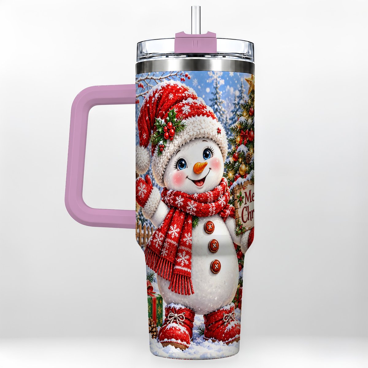 #pl[40oz|Pink] Christmas Village Snowman 40oz Tumbler with Handle, Winter Scene