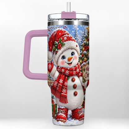 #pl[40oz|Pink] Christmas Village Snowman 40oz Tumbler with Handle, Winter Scene