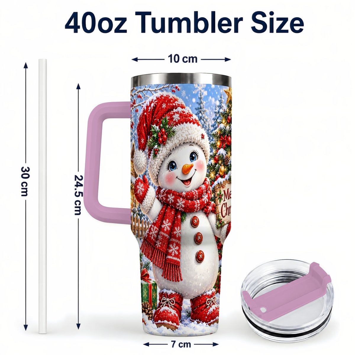 #pl[40oz|Pink] Christmas Village Snowman 40oz Tumbler with Handle, Winter Scene