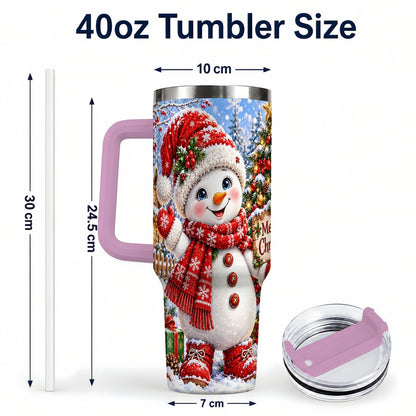 #pl[40oz|Pink] Christmas Village Snowman 40oz Tumbler with Handle, Winter Scene