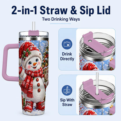 #pl[40oz|Pink] Christmas Village Snowman 40oz Tumbler with Handle, Winter Scene