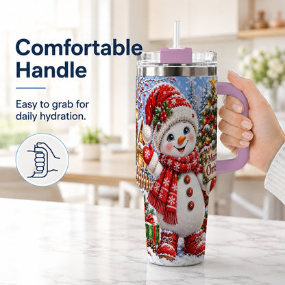 #pl[40oz|Pink] Christmas Village Snowman 40oz Tumbler with Handle, Winter Scene