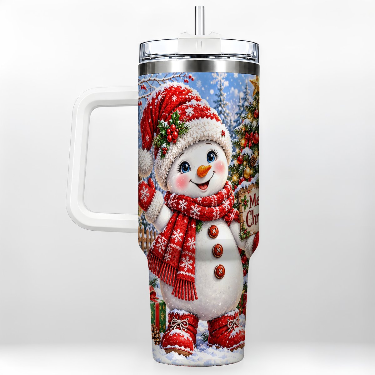Christmas Village Snowman 40oz Tumbler with Handle, Winter Scene
