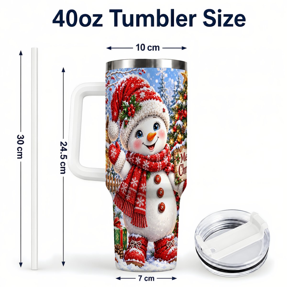 #pl[40oz|White] Christmas Village Snowman 40oz Tumbler with Handle, Winter Scene