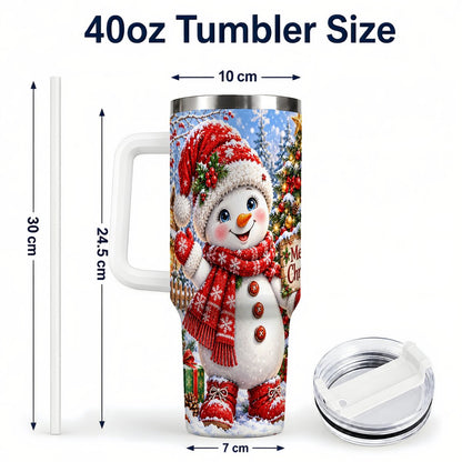 #pl[40oz|White] Christmas Village Snowman 40oz Tumbler with Handle, Winter Scene