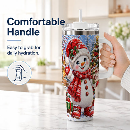 #pl[40oz|White] Christmas Village Snowman 40oz Tumbler with Handle, Winter Scene