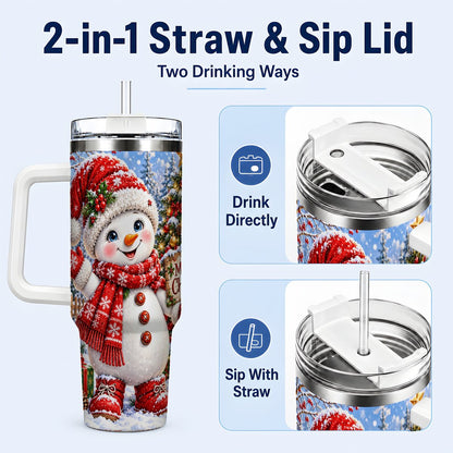 #pl[40oz|White] Christmas Village Snowman 40oz Tumbler with Handle, Winter Scene
