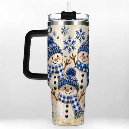 #pl[40oz|Black] Blue Snowman Family 40oz Tumbler with Handle, Winter Snowflake Art