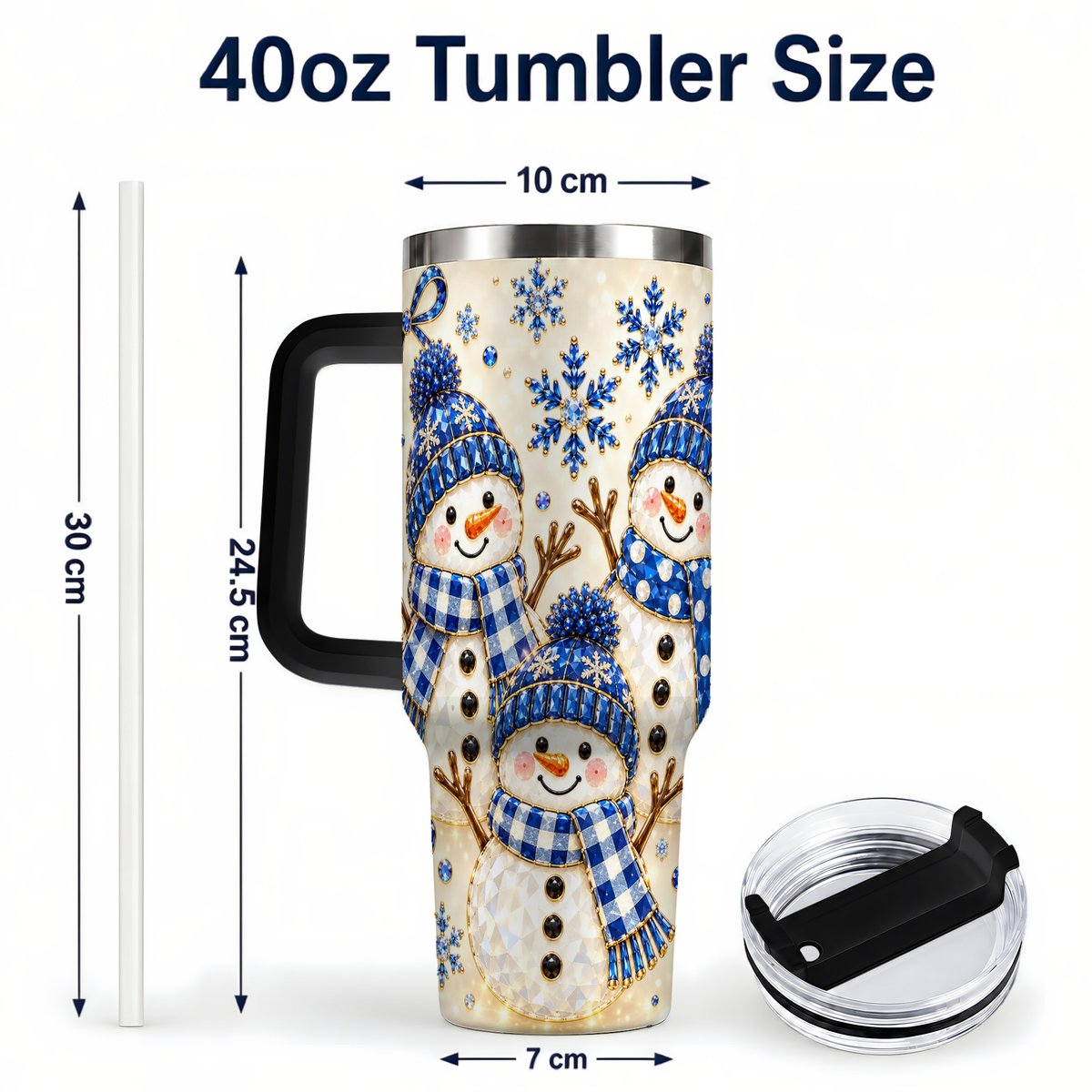 #pl[40oz|Black] Blue Snowman Family 40oz Tumbler with Handle, Winter Snowflake Art