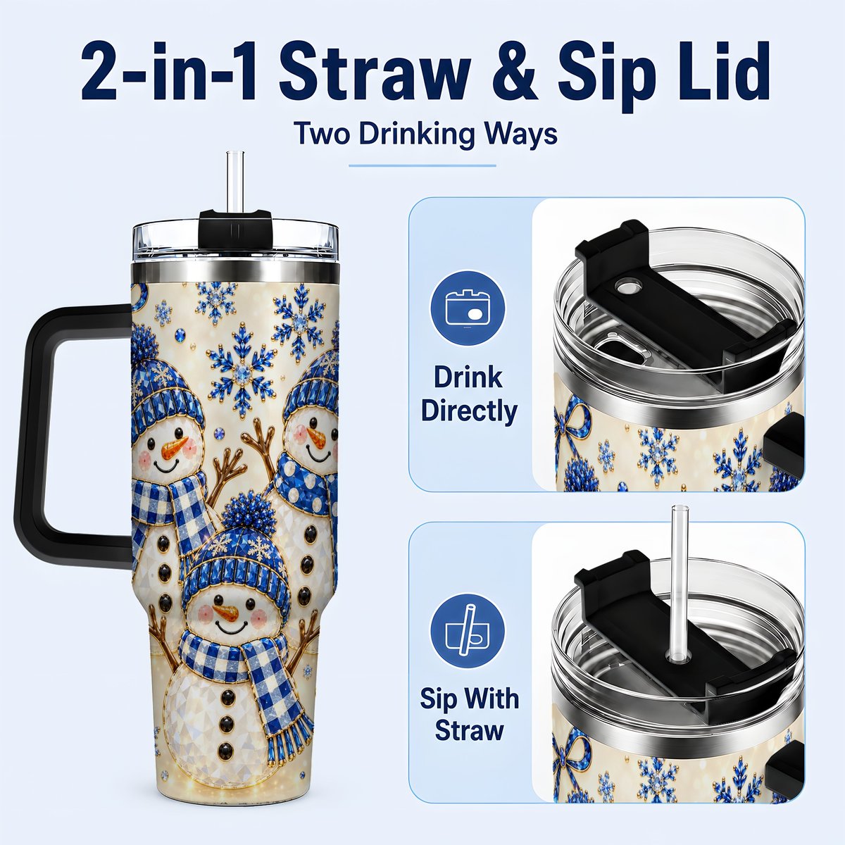 #pl[40oz|Black] Blue Snowman Family 40oz Tumbler with Handle, Winter Snowflake Art