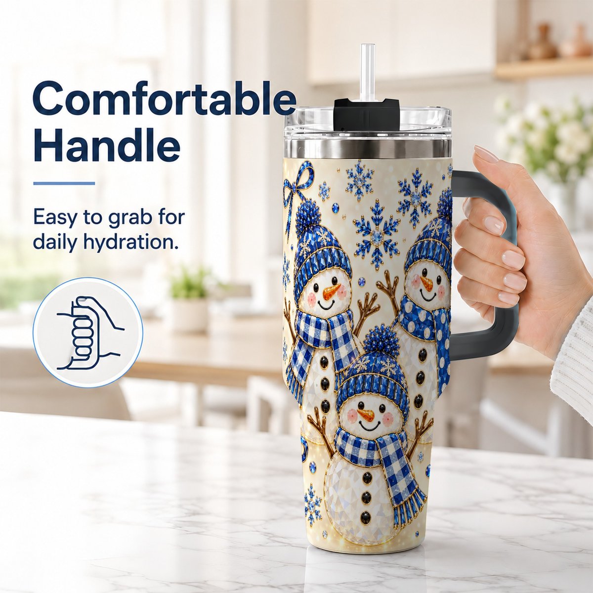 #pl[40oz|Black] Blue Snowman Family 40oz Tumbler with Handle, Winter Snowflake Art
