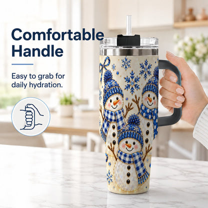#pl[40oz|Black] Blue Snowman Family 40oz Tumbler with Handle, Winter Snowflake Art