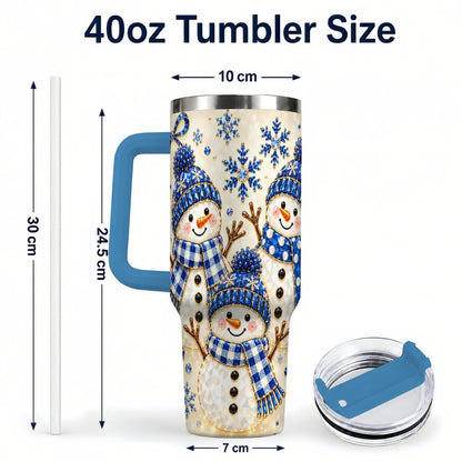 #pl[40oz|Blue] Blue Snowman Family 40oz Tumbler with Handle, Winter Snowflake Art