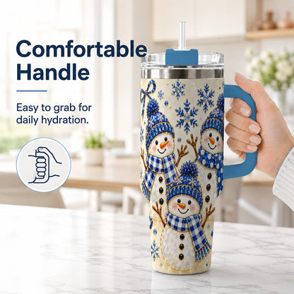 #pl[40oz|Blue] Blue Snowman Family 40oz Tumbler with Handle, Winter Snowflake Art