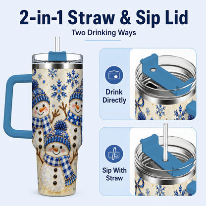#pl[40oz|Blue] Blue Snowman Family 40oz Tumbler with Handle, Winter Snowflake Art