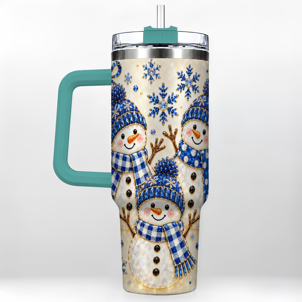 #pl[40oz|Green] Blue Snowman Family 40oz Tumbler with Handle, Winter Snowflake Art
