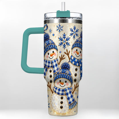 #pl[40oz|Green] Blue Snowman Family 40oz Tumbler with Handle, Winter Snowflake Art