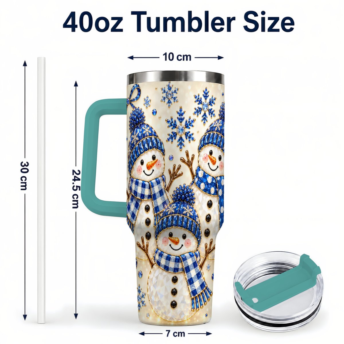 #pl[40oz|Green] Blue Snowman Family 40oz Tumbler with Handle, Winter Snowflake Art