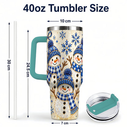 #pl[40oz|Green] Blue Snowman Family 40oz Tumbler with Handle, Winter Snowflake Art