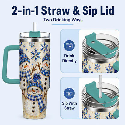 #pl[40oz|Green] Blue Snowman Family 40oz Tumbler with Handle, Winter Snowflake Art