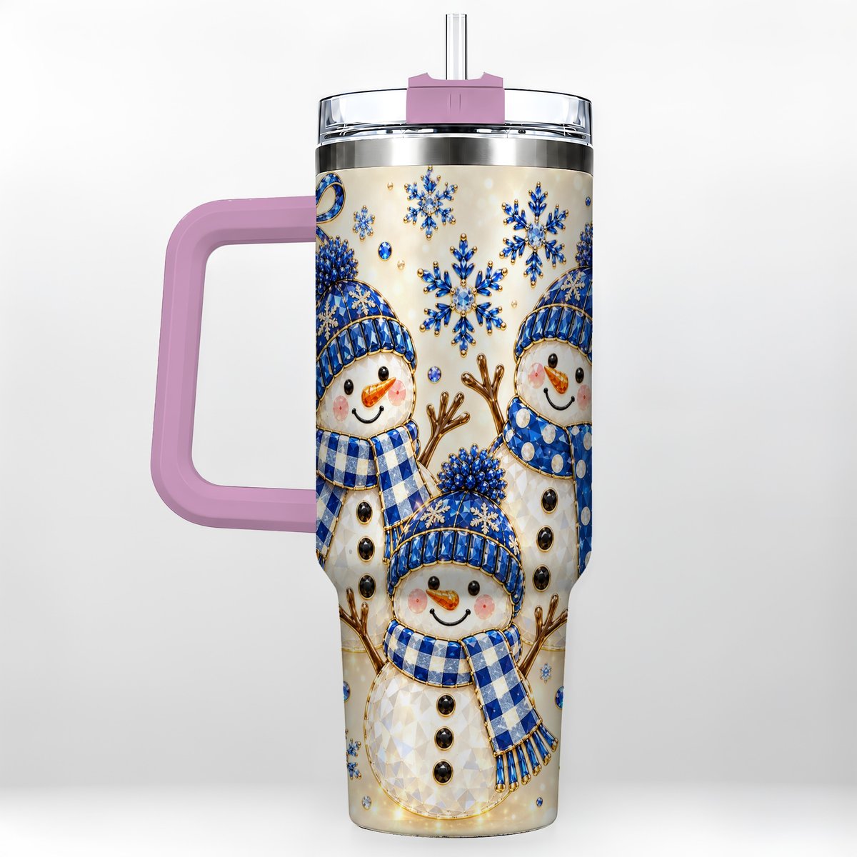 #pl[40oz|Pink] Blue Snowman Family 40oz Tumbler with Handle, Winter Snowflake Art