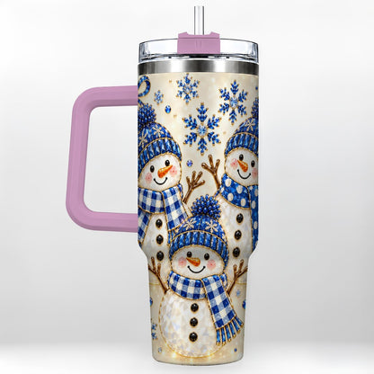 #pl[40oz|Pink] Blue Snowman Family 40oz Tumbler with Handle, Winter Snowflake Art