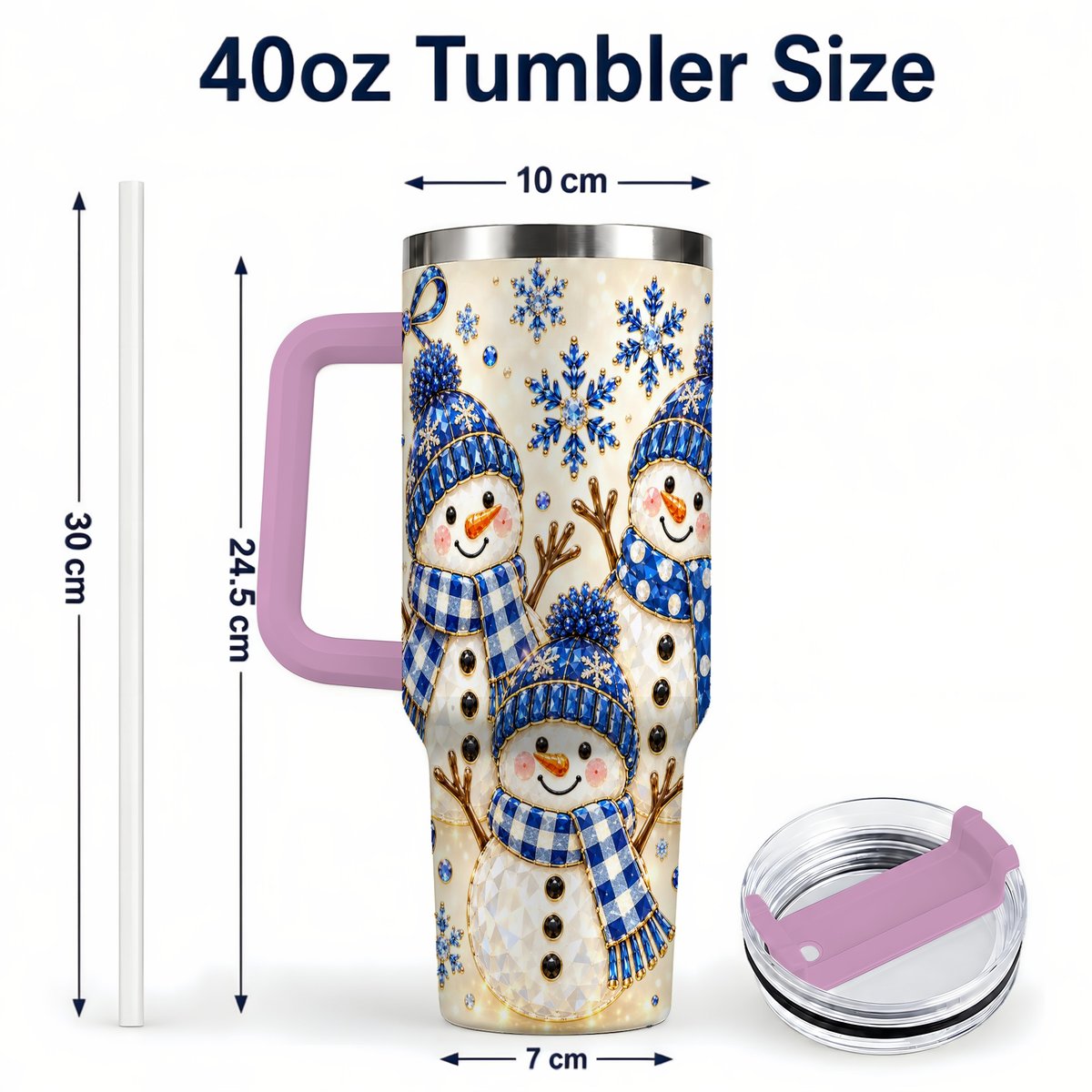 #pl[40oz|Pink] Blue Snowman Family 40oz Tumbler with Handle, Winter Snowflake Art