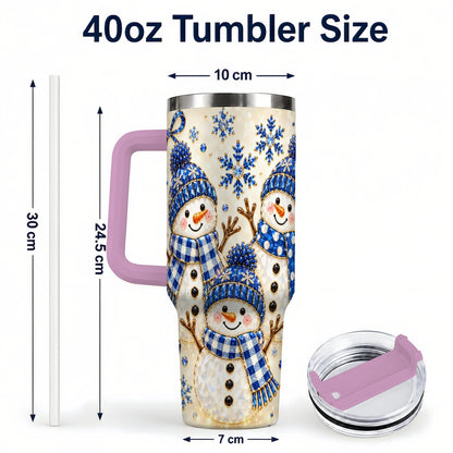 #pl[40oz|Pink] Blue Snowman Family 40oz Tumbler with Handle, Winter Snowflake Art