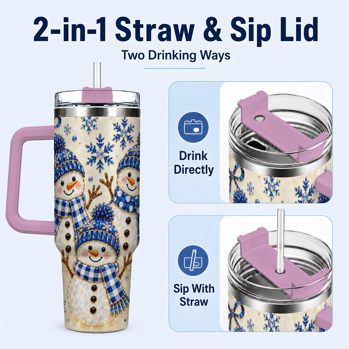#pl[40oz|Pink] Blue Snowman Family 40oz Tumbler with Handle, Winter Snowflake Art