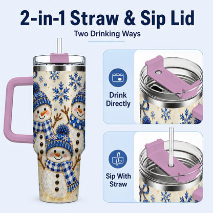 #pl[40oz|Pink] Blue Snowman Family 40oz Tumbler with Handle, Winter Snowflake Art