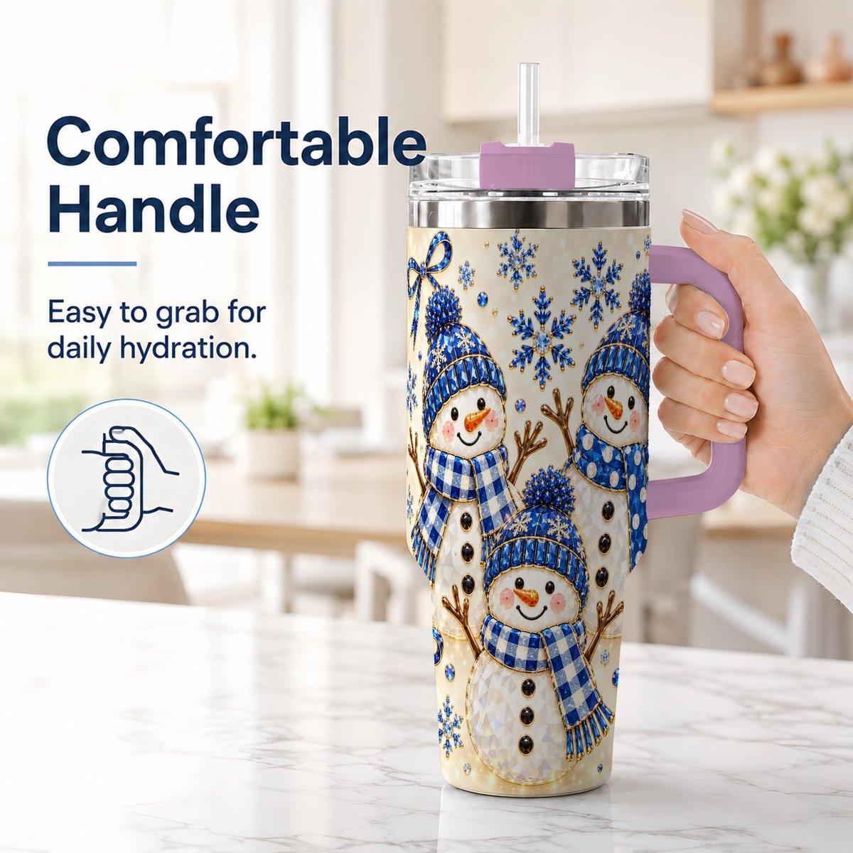 #pl[40oz|Pink] Blue Snowman Family 40oz Tumbler with Handle, Winter Snowflake Art