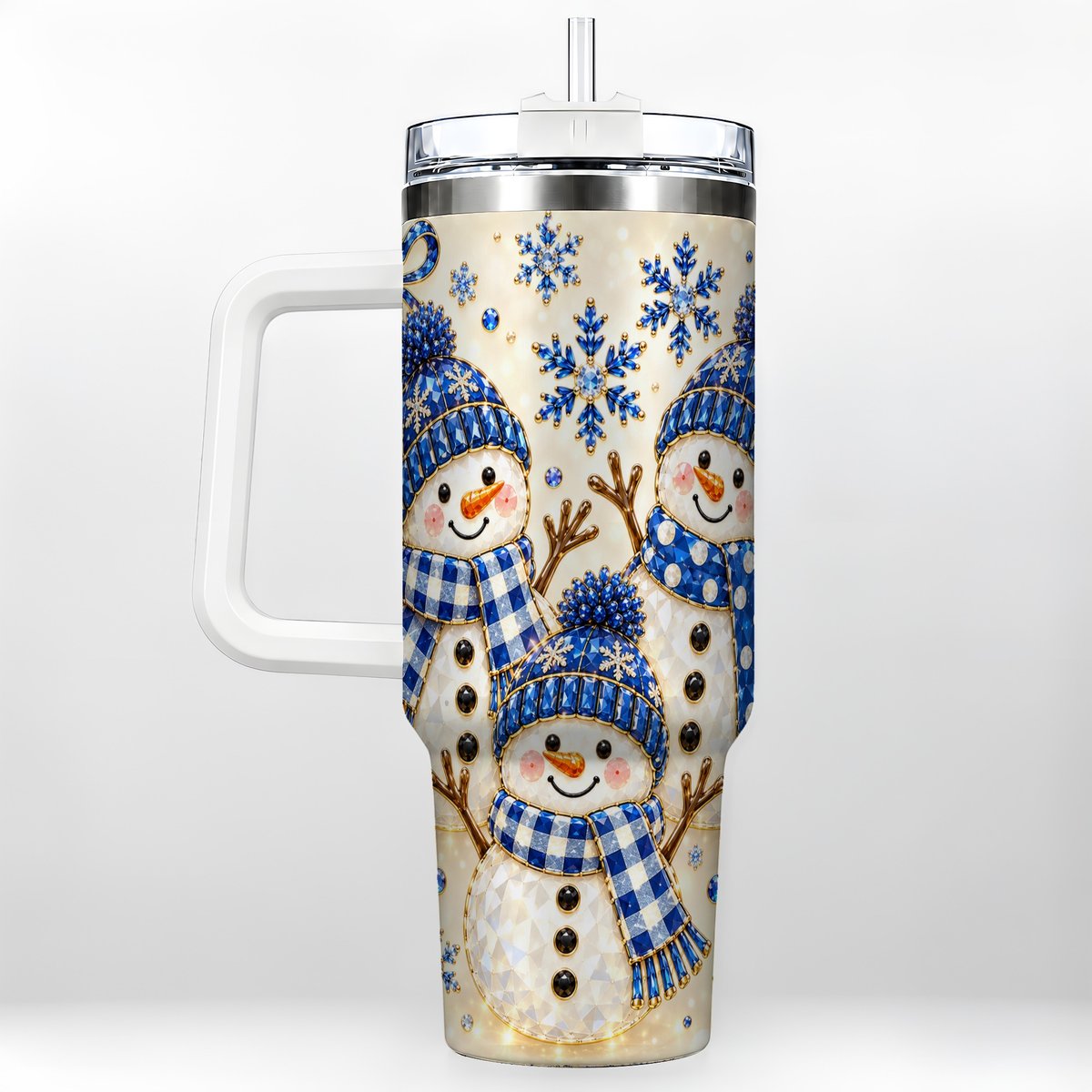 Blue Snowman Family 40oz Tumbler with Handle, Winter Snowflake Art