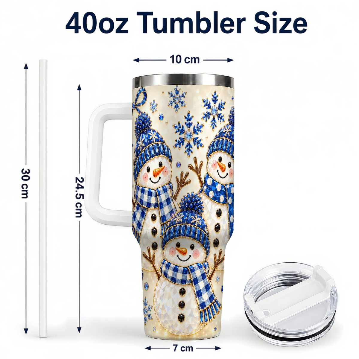 #pl[40oz|White] Blue Snowman Family 40oz Tumbler with Handle, Winter Snowflake Art