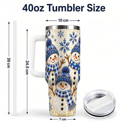 #pl[40oz|White] Blue Snowman Family 40oz Tumbler with Handle, Winter Snowflake Art