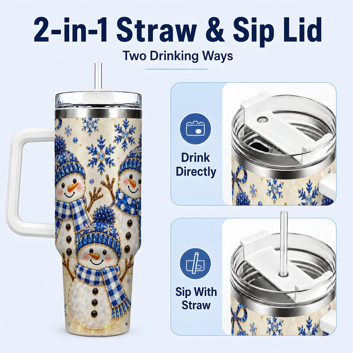 #pl[40oz|White] Blue Snowman Family 40oz Tumbler with Handle, Winter Snowflake Art