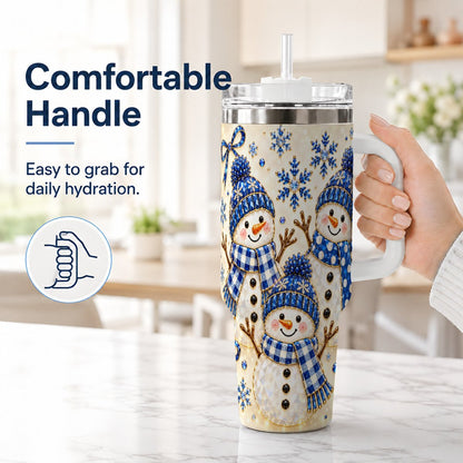 #pl[40oz|White] Blue Snowman Family 40oz Tumbler with Handle, Winter Snowflake Art