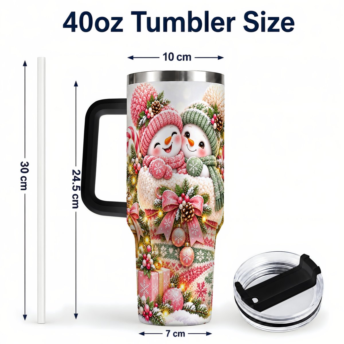 #pl[40oz|Black] Snowman Duo 40oz Tumbler with Handle, Festive Winter Friends
